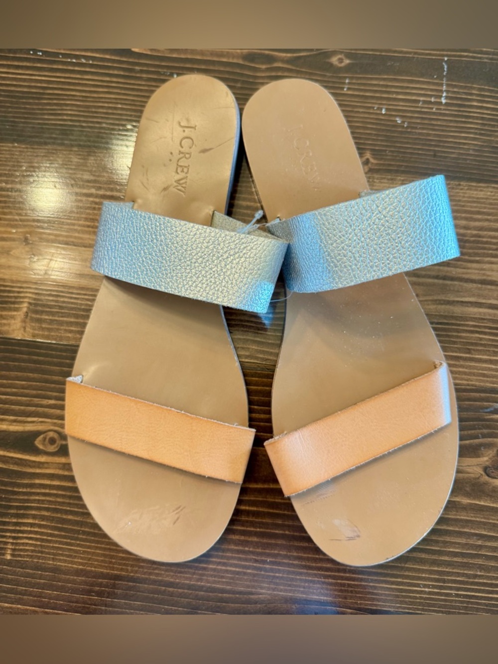 J. Crew Two-Band Slide Sandals in Tan and Metallic Silver Size 9 NWOB
